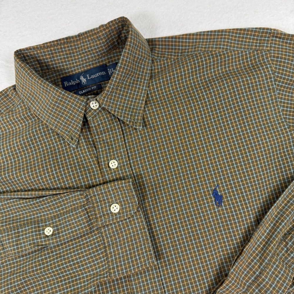 Vintage 90s Ralph Lauren Button Down Shirt Mens L Fits XL Micro Check Polo Pony